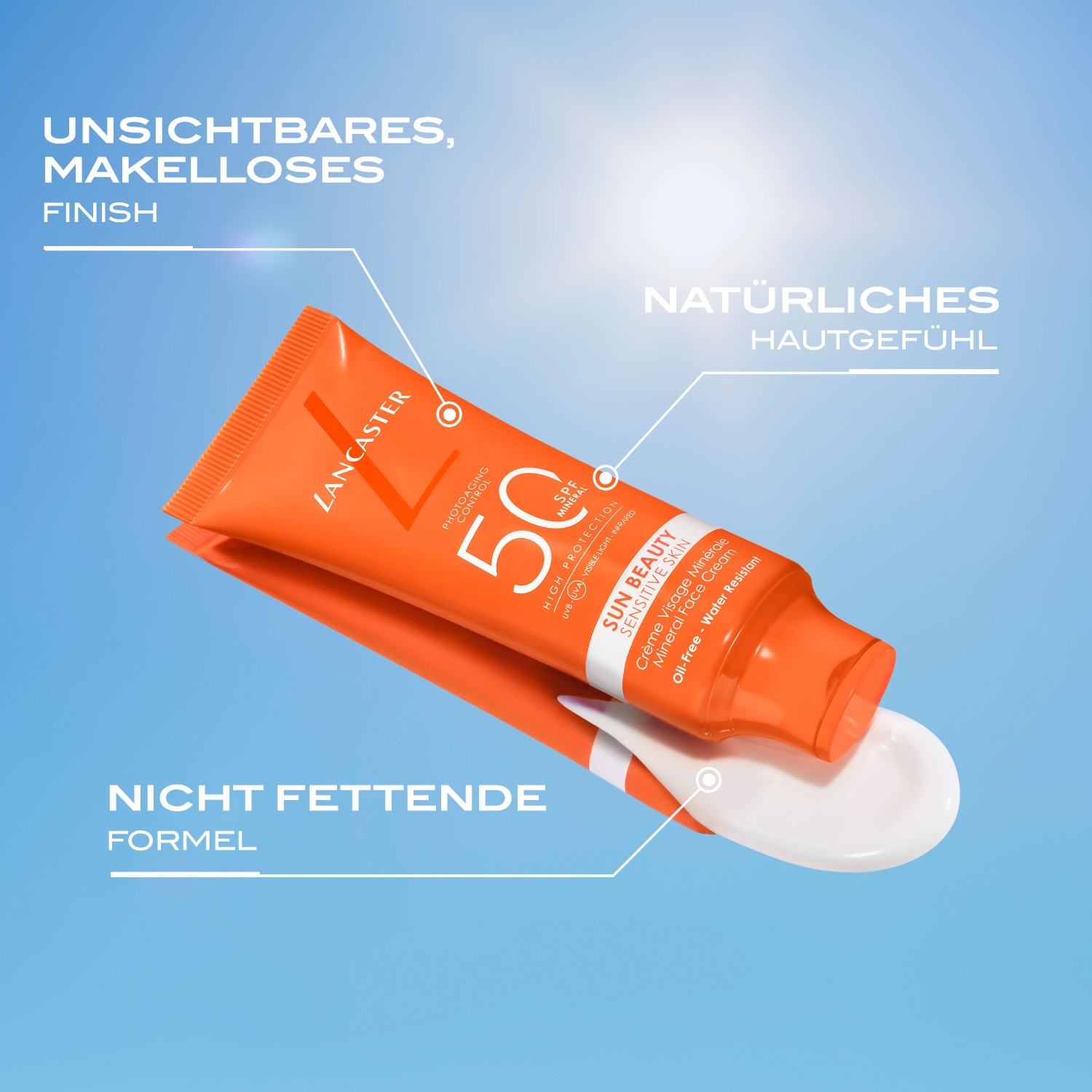 Солнцезащитный крем sun beauty sensitive skin mineral face cream spf50 Lancaster, объем 50 мл — фото 2