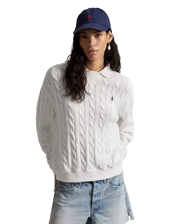 Женский свитер с воротником-поло из хлопка Cable Knit Cotton Polo Collar Sweater Ralph Lauren, белый