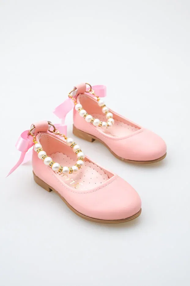 Детские балетки для девочек с жемчугом Matte Pink Ankle Pearl Detailed Girls' Ballerinas with Bow Ribbon Kateyler, Matte Pink — фото 2