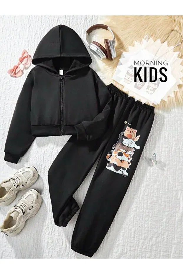 Детский комплект кардигана и спортивных штанов с капюшоном и принтом Naughty Cats Morning Kids, Black