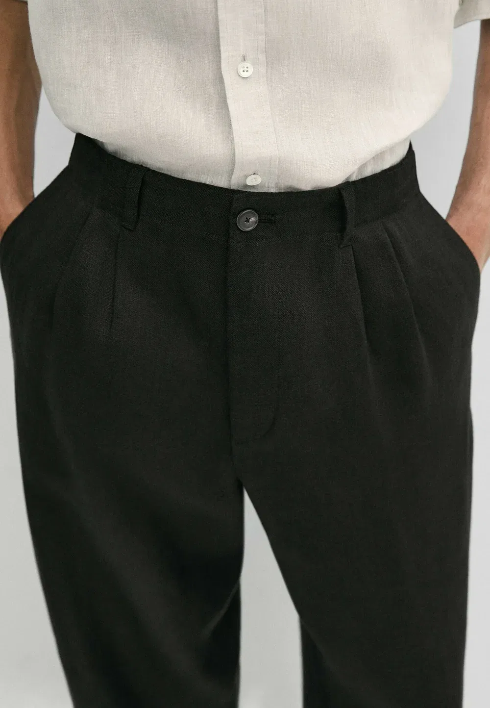 Брюки из 100% льна с вытачками Massimo Dutti, Black — фото 4