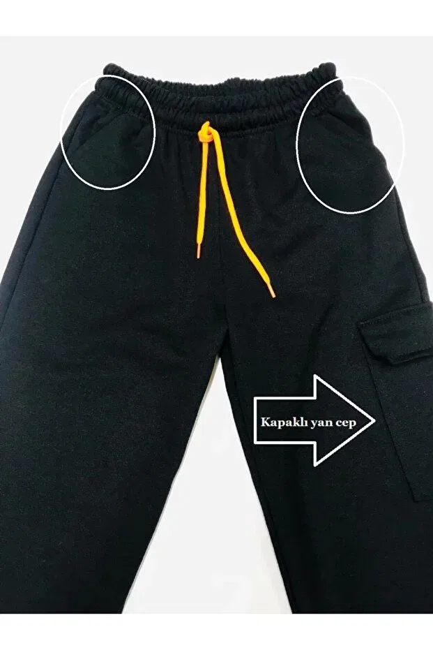 Детские спортивные штаны для мальчиков с карго-карманами Seasonal 2-thread 2-front 1-pocket tracksuit pants for boys with drawstring at the waist and elastic ribbed cuffs Baby Slon Kids Clup, Black — фото 3