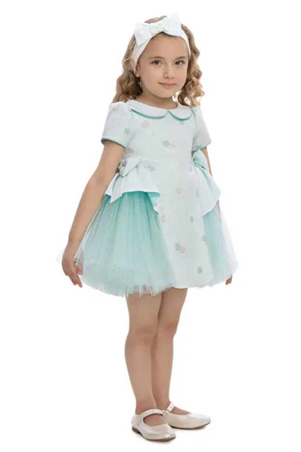 Детское платье для девочек с коротким рукавом Mint baby dress with side tulle bows 6-24 months 36168pr Pamina, Mint Green — фото 4