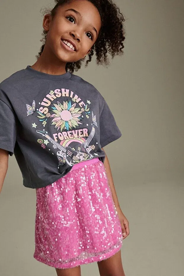 Детский комплект из футболки с принтом и юбки с пайетками Next Baby, Pink Gray Floral Printed