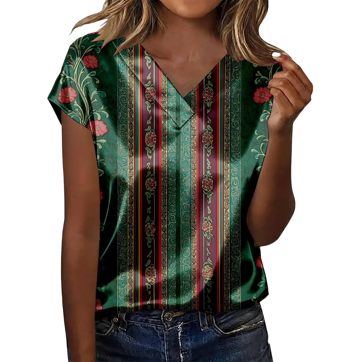 Женская блузка с коротким рукавом из шелкового сатина, Z12-green Satin Blouses for Women