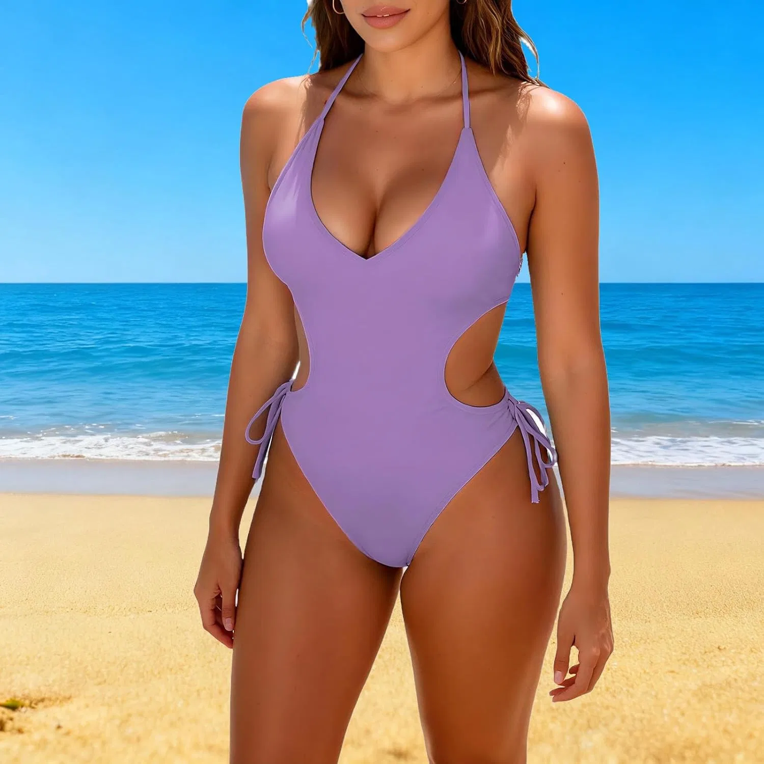 Женский слитный купальник с вырезами Halter Monokini, Purple — фото 3