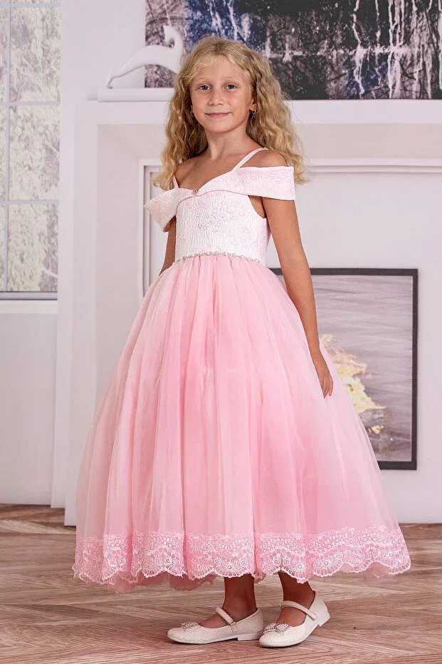 Детское платье для девочек с открытыми плечами Süslü Pink Kids, Pink — фото 3