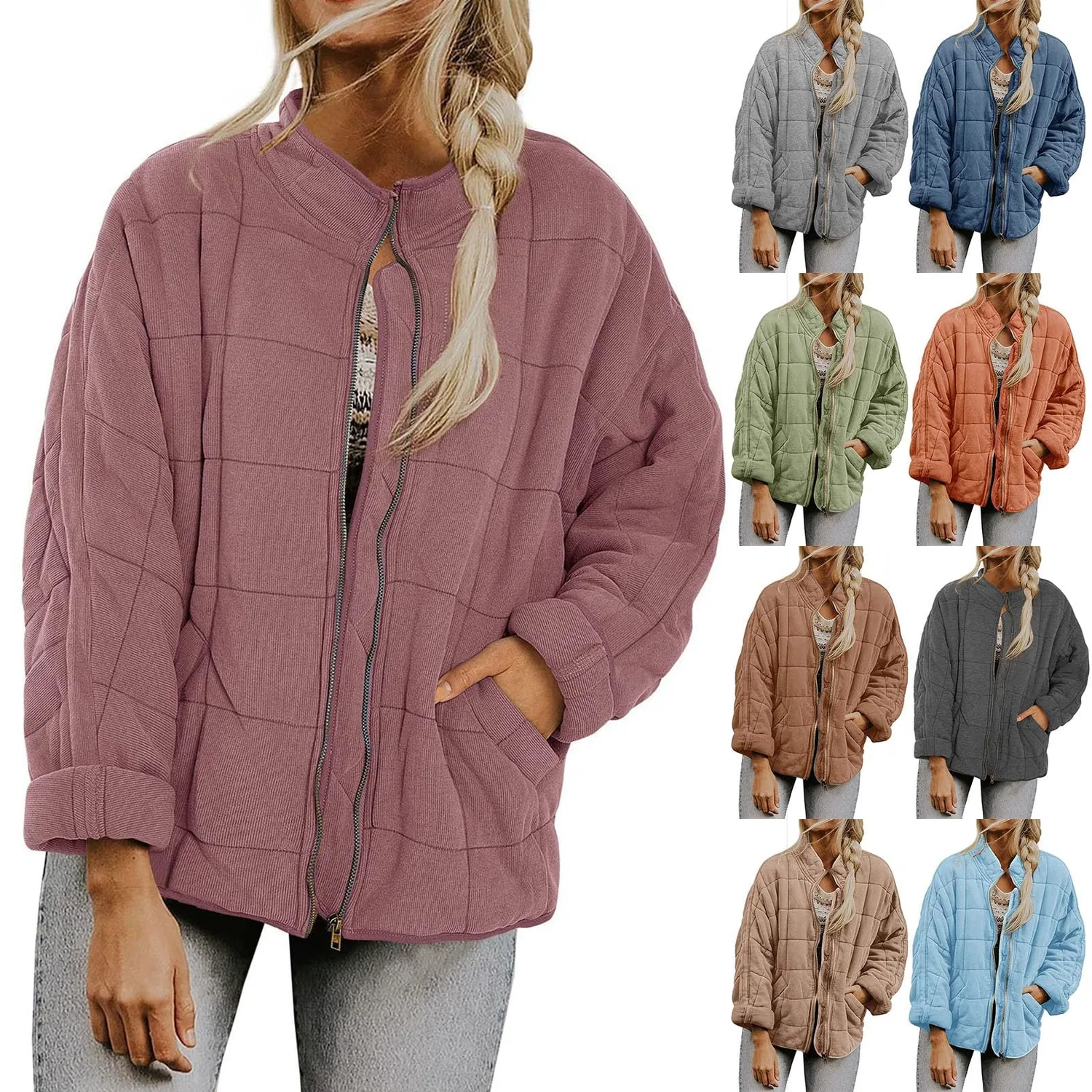 Женская куртка-бомбер с длинным рукавом Oversized Packable Lightweight Long Sleeve Full Zip Down Quilted Jacket, Pink — фото 2