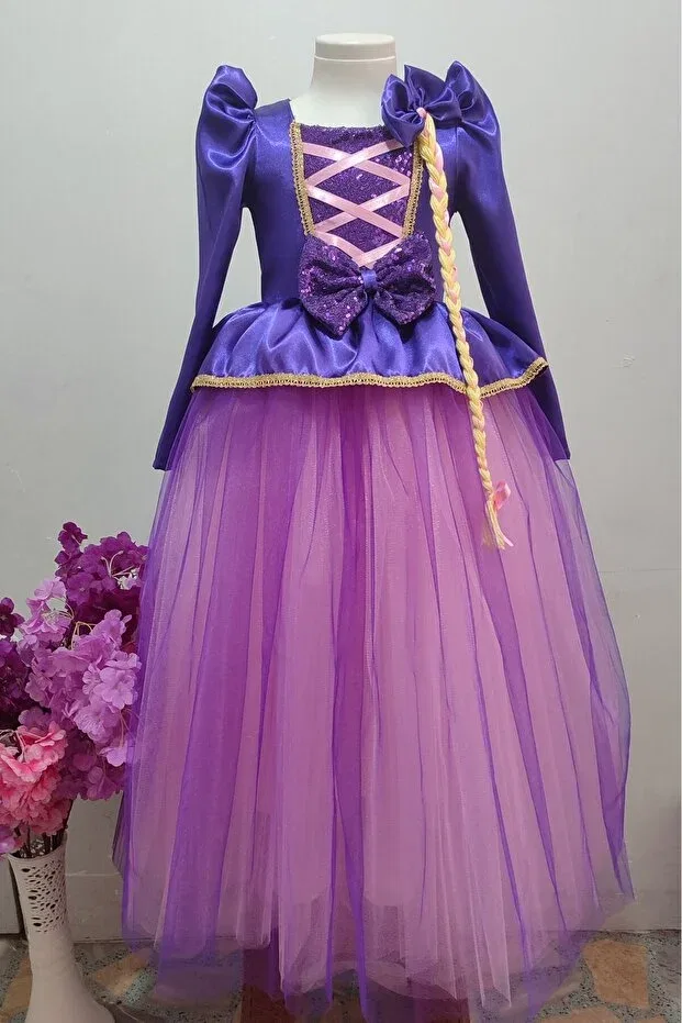 Детское платье для девочек с длинным рукавом Rapunzel costume & girls' birthday dress & rapunzel long-sleeved long-skirted evening dress Boztaş Bebe, Purple — фото 3