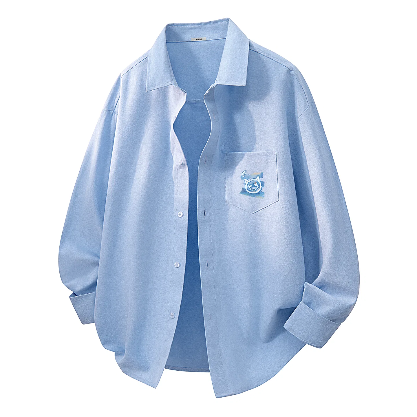 Детская рубашка с принтом Лацкан MINISO, Heavyweight Oxford White Graffiti Blue Bear Chest Logo — фото 3