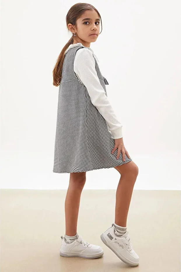 Детское платье для девочек хлопковое Festive Black Houndstooth Patterned Girl's Badi Dress with Bow Mevsim Butik, White — фото 4