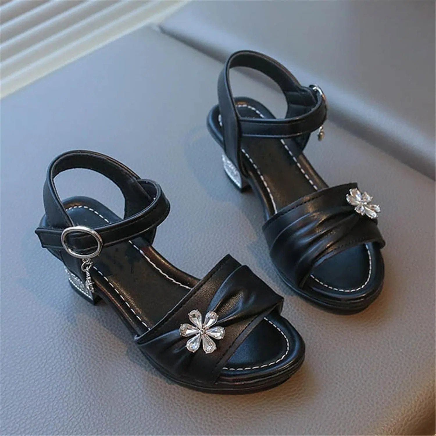 Детские туфли для девочек с принтом Rhinestone Flower Princess Party Heels, Black — фото 3