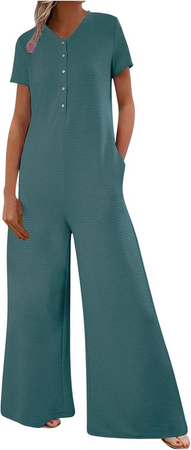 Женский широкий комбинезон с V-образным вырезом Rib Knit, Light Blue