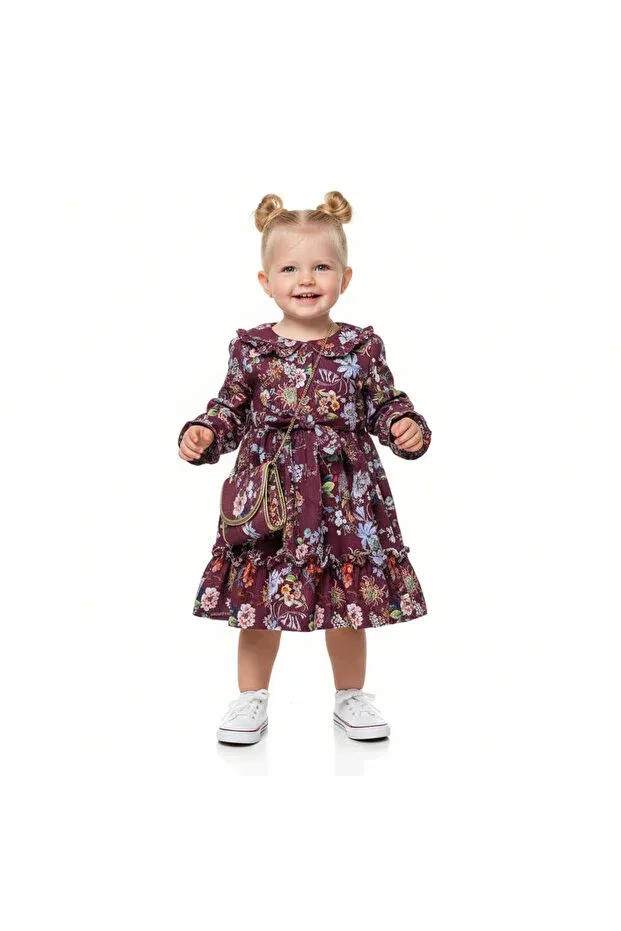 Детское платье для девочек хлопковое Floral girl's dress with bag Seabubbles, Burgundy