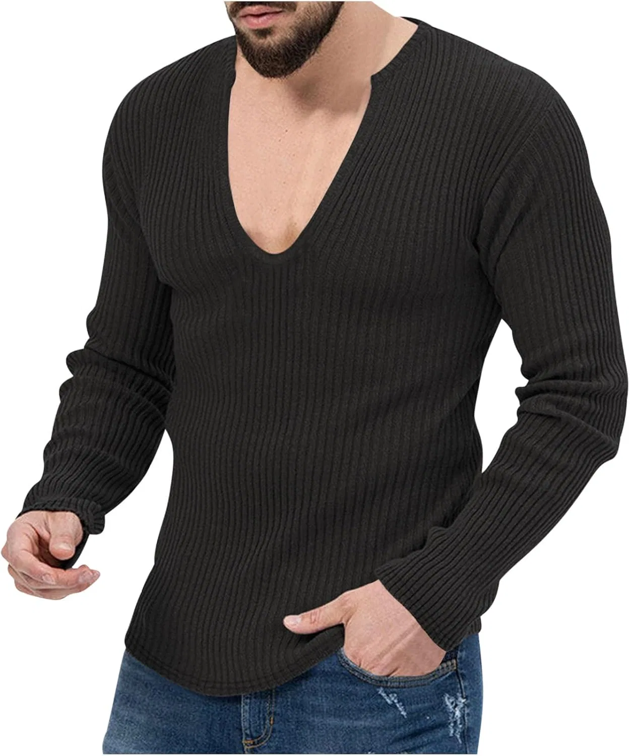 Мужская облегающая футболка с длинным рукавом V-образным вырезом Ribbed Knit, Black