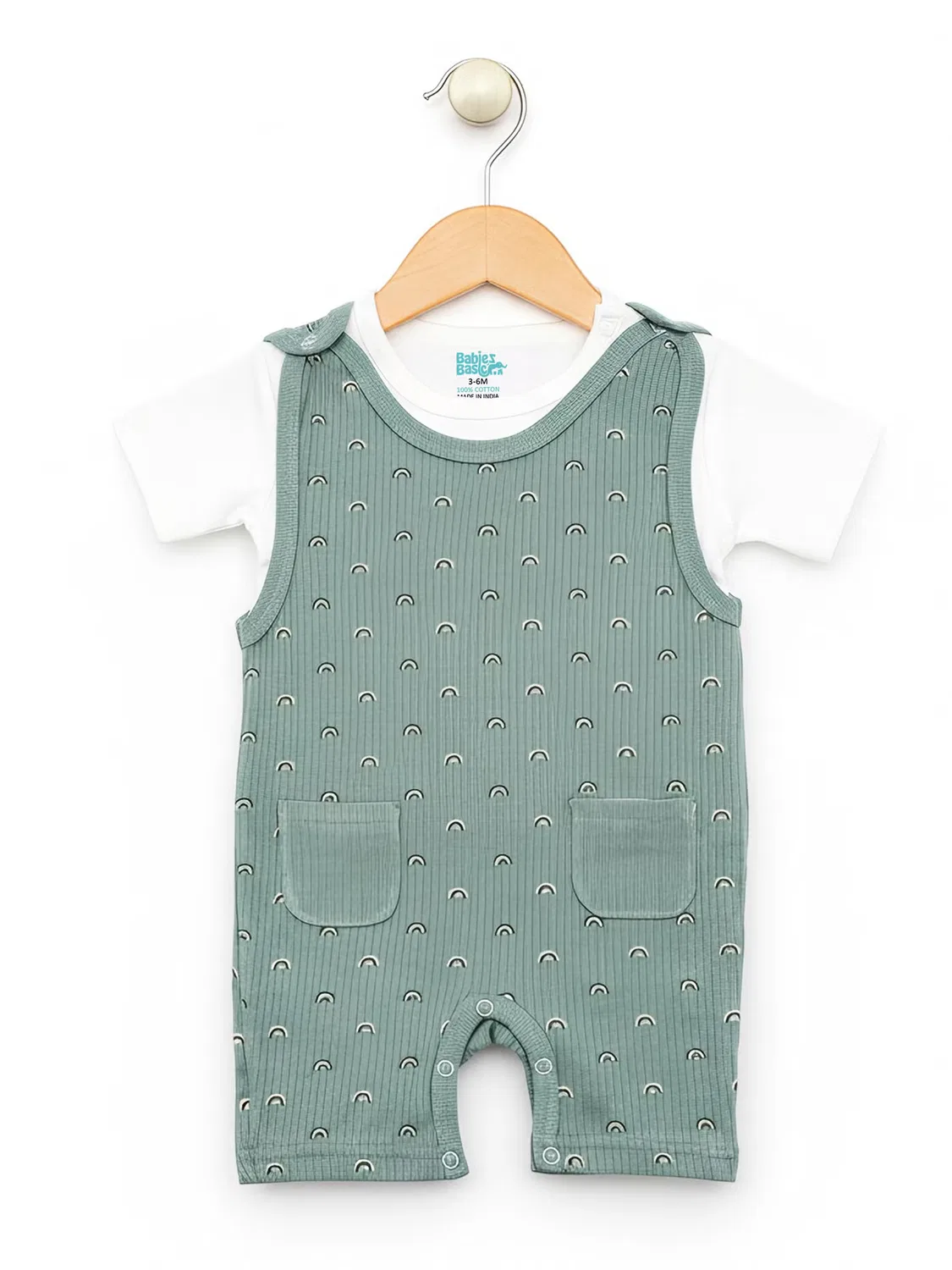 Комплект из хлопка с коротким рукавом и комбинезоном Babies Basic, зеленый — фото 4