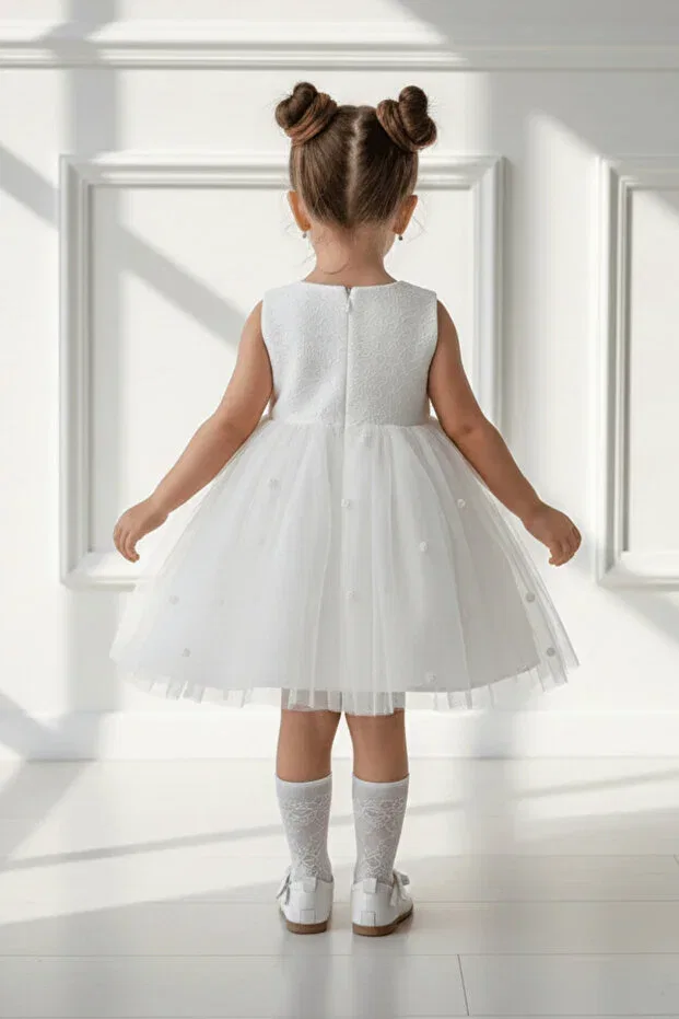 Детское платье для девочек с принтом Brocade white dream tulle rose detailed bow evening dress Bertuğ Bebek, White — фото 2