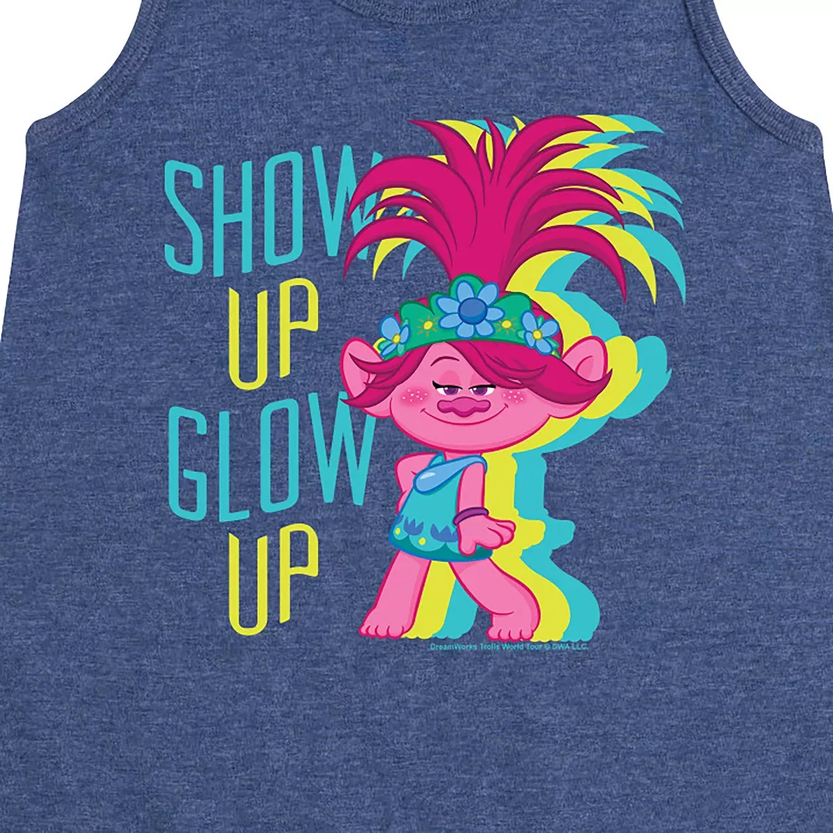 Детское платье-трапеция для девочек без рукавов с принтом Show Up Glow Up Poppy Trolls, Heather Navy — фото 2