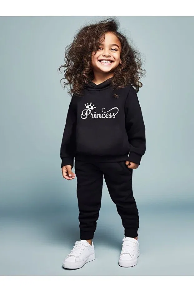 Детский комплект спортивного костюма для девочек с принтом Princess Premium Compact Sweatshirt & Tracksuit Set Let'S Wear, Black