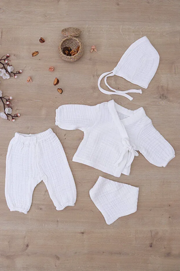 Детский комплект одежды для новорожденных хлопковый Muslin 5-piece kimono lace-up 100% cotton hospital release newborn baby gift set 7070 Sitilin, Ecru — фото 3