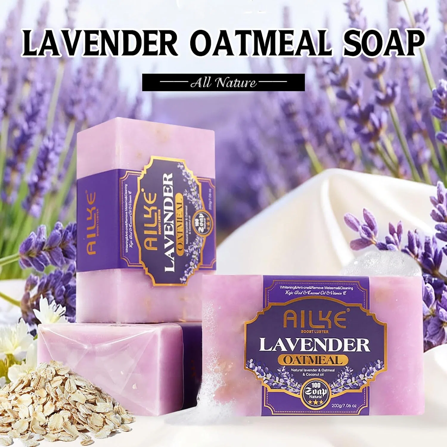 Мыло Lavender Oatmeal Brightening, AILKE, набор 3 шт, 200 г, Pack of 3 Ailke Boost Luster — фото 2