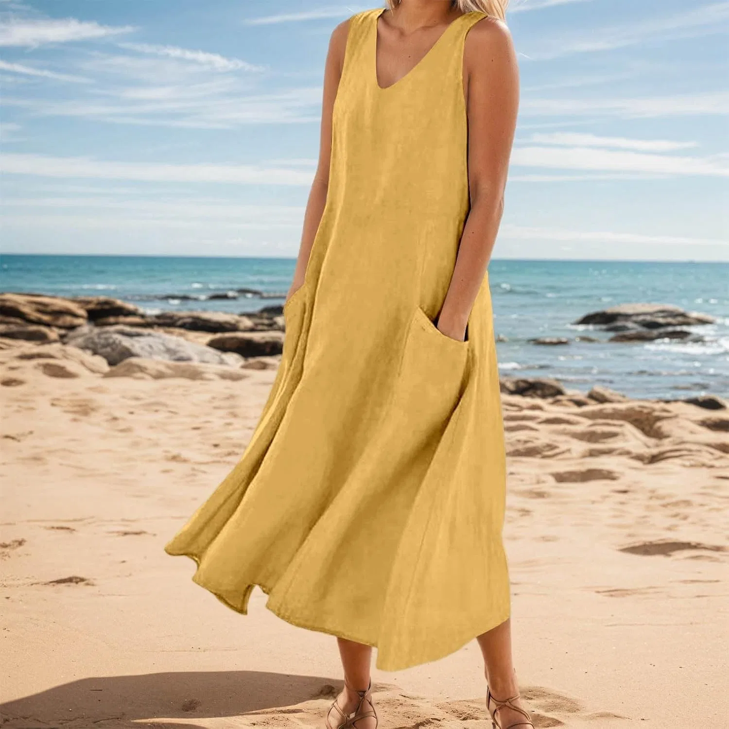 Женское летнее свободное платье макси с карманами, Yellow — фото 2