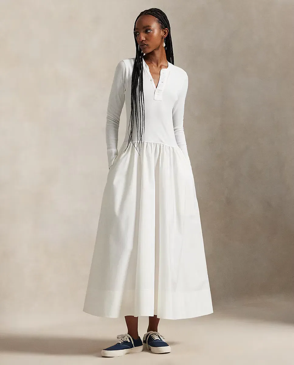 Женское платье хлопковое с длинным рукавом Polo Ralph Lauren, Blanco