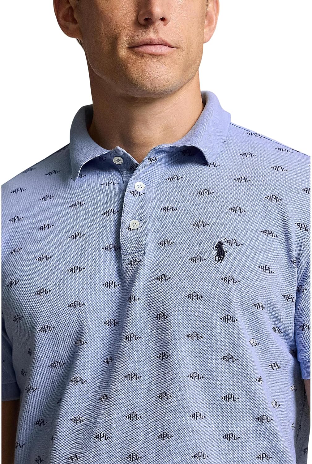 POLO RALPH LAUREN Мужская классическая футболка-поло с монограммой и эластичной тканью, Pearl Deco/Dress Shirt Blue — фото 3