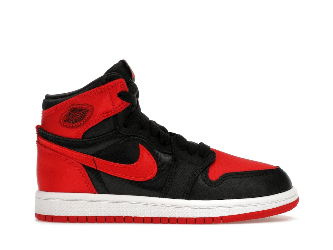Детские кроссовки с сатиновым верхом Jordan 1 Retro High OG Satin Bred Jordan, Black/University Red/White