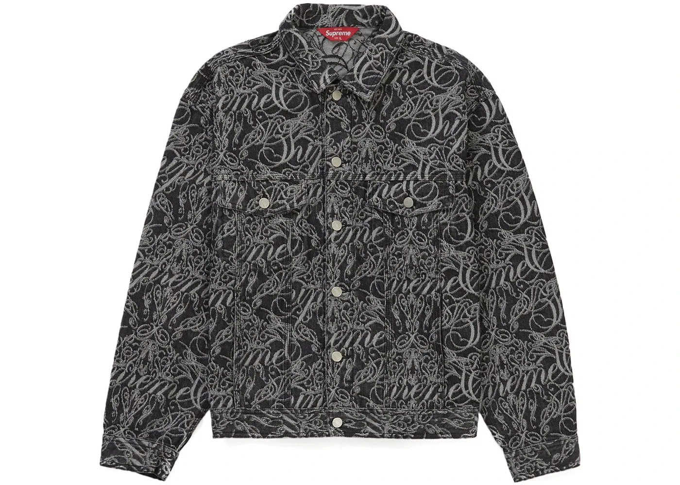 Мужская джинсовая куртка с принтом Supreme Script Jacquard Denim Trucker Jacket Supreme, Washed Black