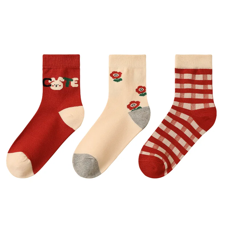 Детские носки с принтом Red bean Red bean color-blocked plaid floral pattern breathable sweat-absorbing children's socks, 3-pack set, Combo