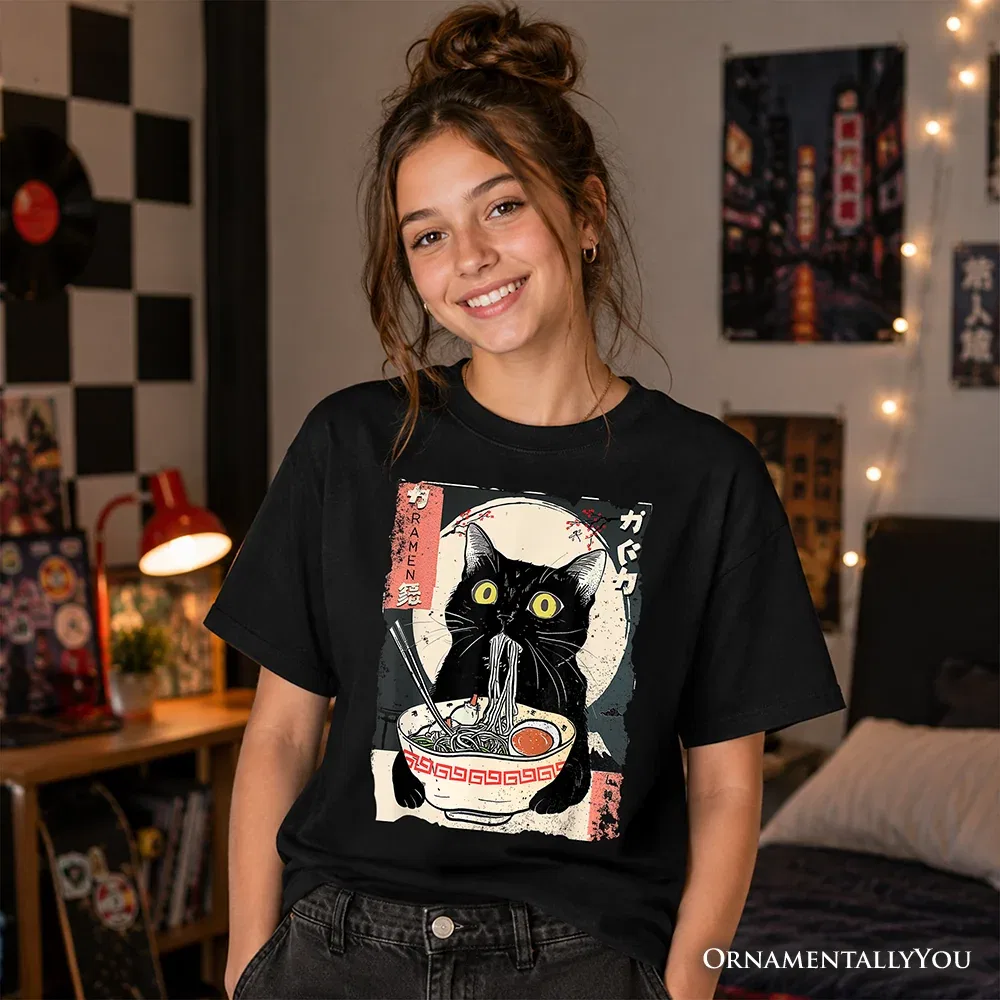 Детская футболка с принтом Anime Cat Eating Ramen OrnamentallyYou, черный — фото 2