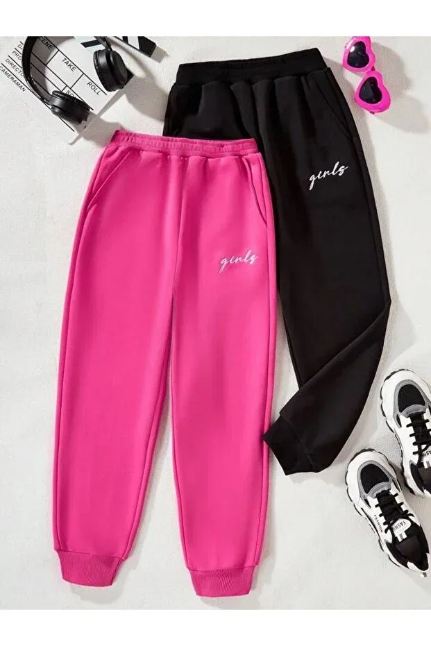 Детские спортивные штаны для девочек с принтом Black Pink Girly Printed Girls' Tracksuit Kids, Multicolor