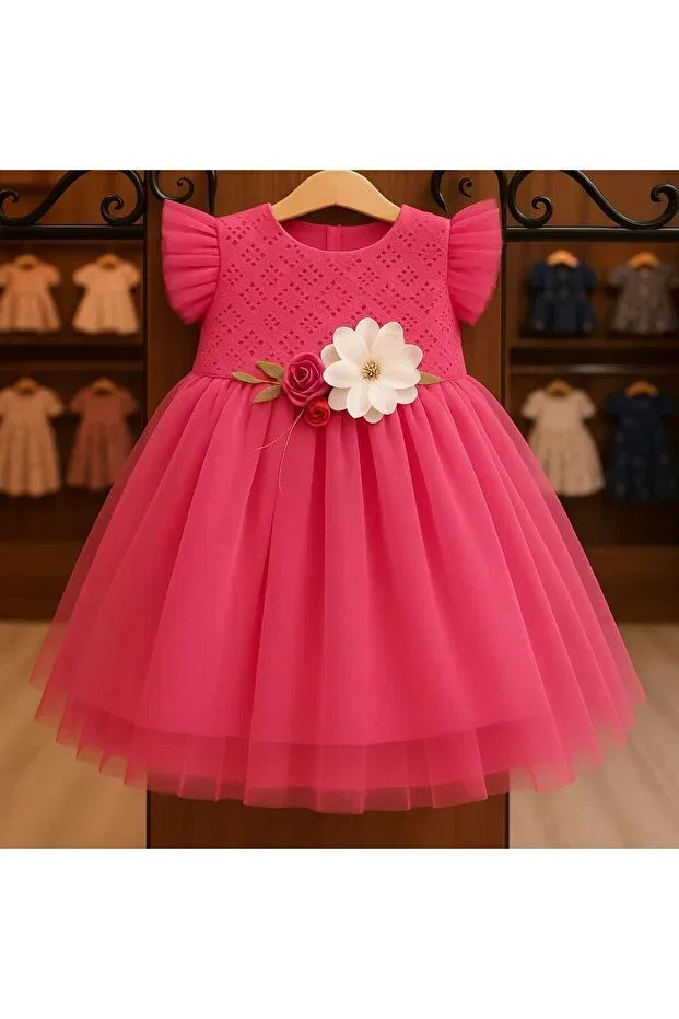 Детское платье для девочек кружевное Lace flower buckle tulle dress Ay Yılmaz, Pink