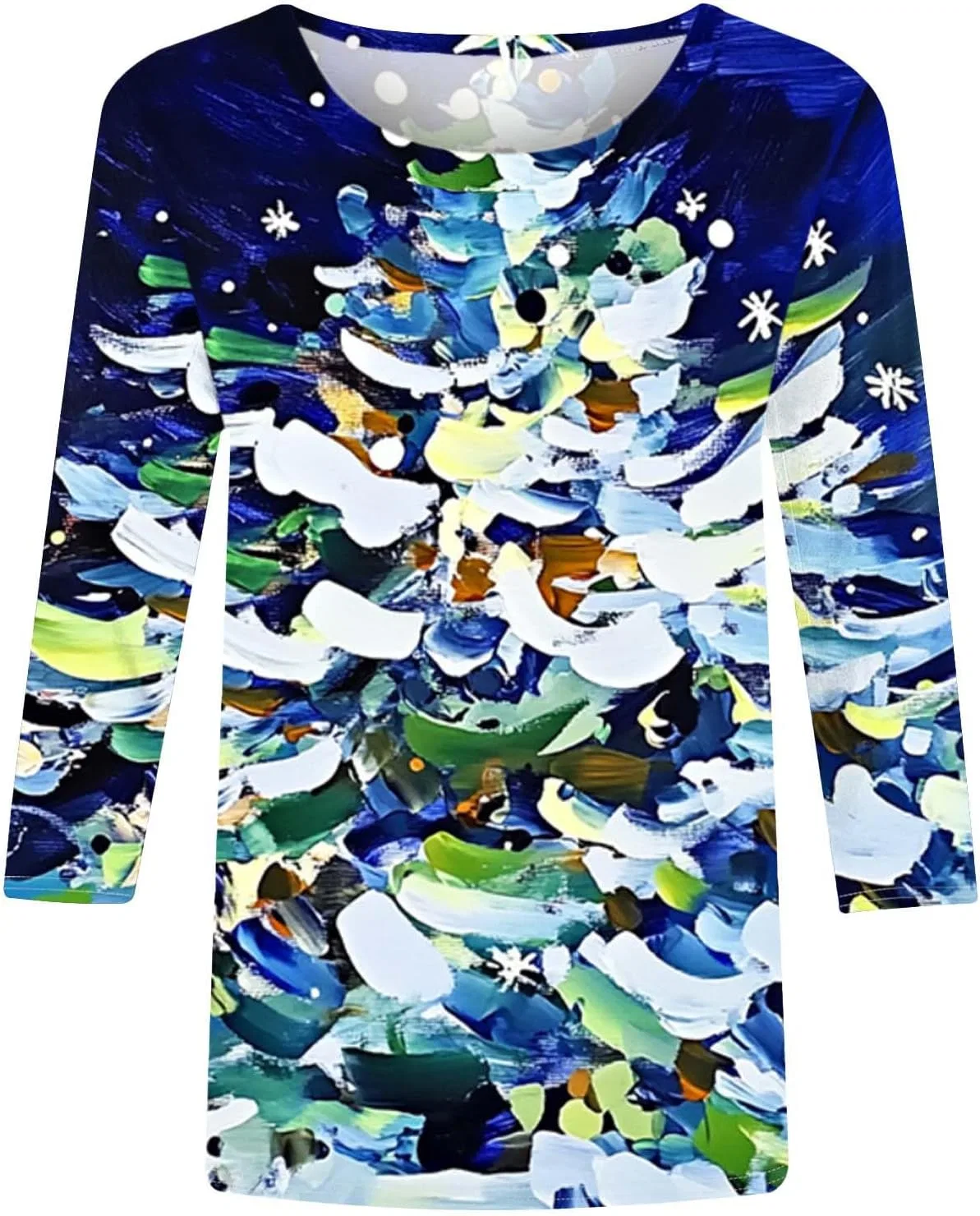 Женская футболка с рождественским принтом Christmas Shirts for Women Glitter Xmas Tree Snow Graphic 3/4 Sleeve Crewneck Tshirt Loose Aesthetic Casual Cute Tops, A15 Multicolor — фото 4