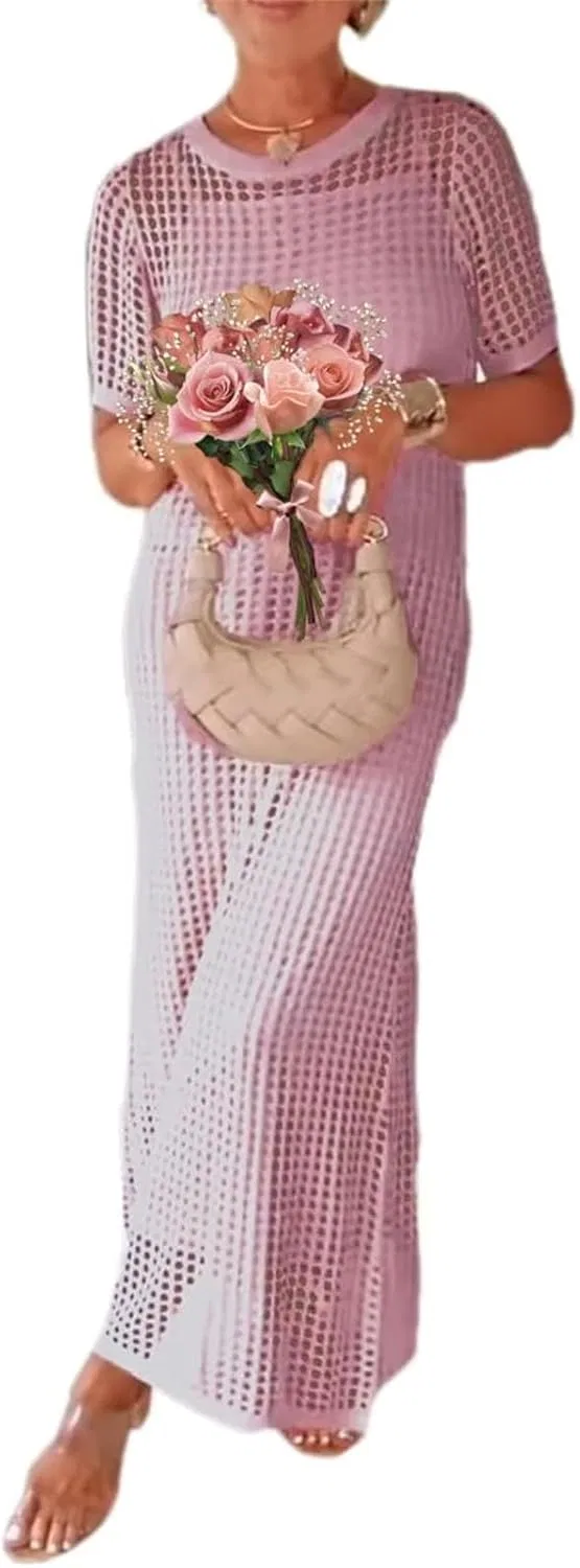 Женское пляжное платье с ажурным верхом, Pink