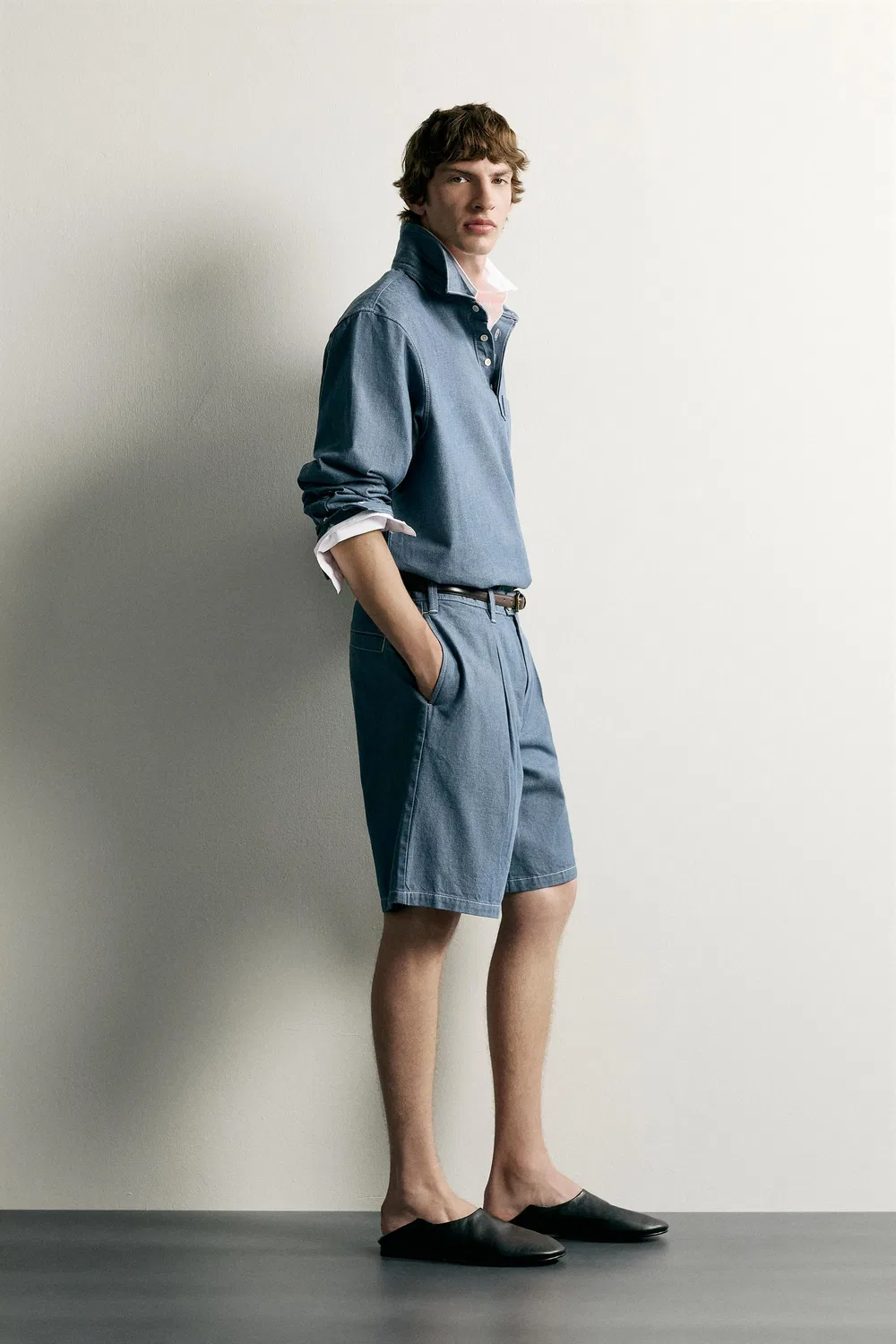 Легкая джинсовая рубашка-поло с эффектом потертости ZARA, Blue — фото 4