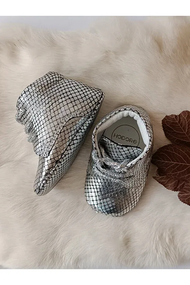 Детские пинетки для девочек из натуральной кожи Silver printed genuine leather baby booties Hodore, Silver Printed — фото 4