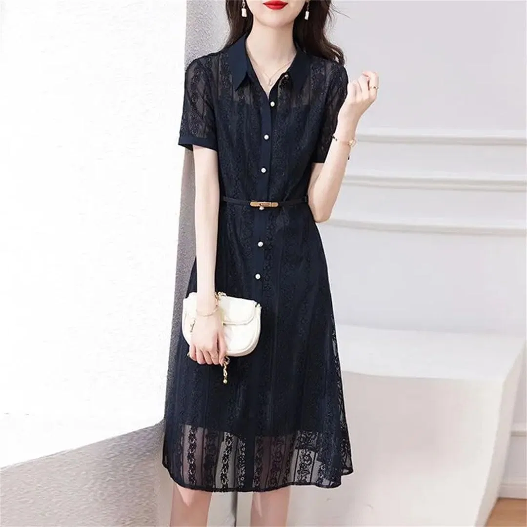 Женское летнее платье миди с кружевным вырезом A-line, Navy Blue — фото 4