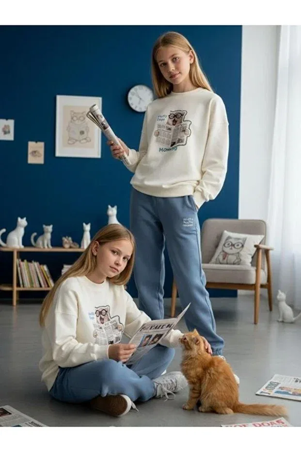 Детские свитшот для девочек с принтом Cat Printed Oversized Design Zekids, Ecru