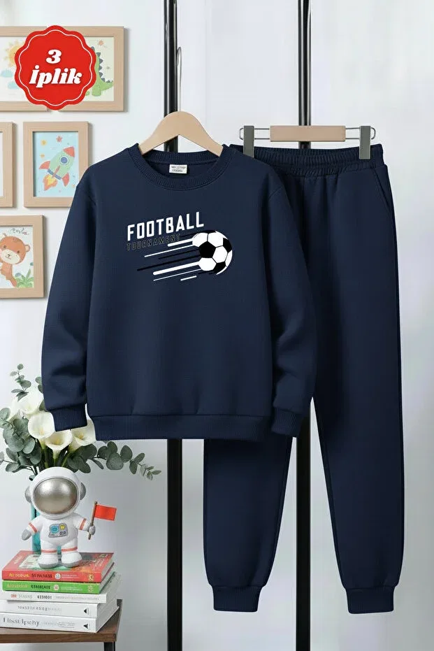 Детский спортивный костюм для мальчиков с принтом 3 Thread Thick Sh Fleece-Lined Crew Neck Print Detailed Ya Ko Kids, Gray-Blue-Black — фото 4