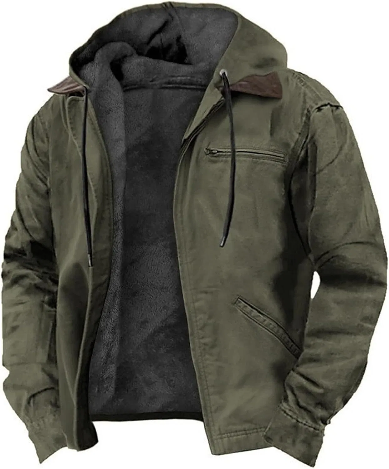 Мужская куртка на молнии с флисом, модель Fall Winter Zip Front Casual Thick Thermal Fleece Lined Hooded Jackets Coats with Multi Pockets, армейский зелёный