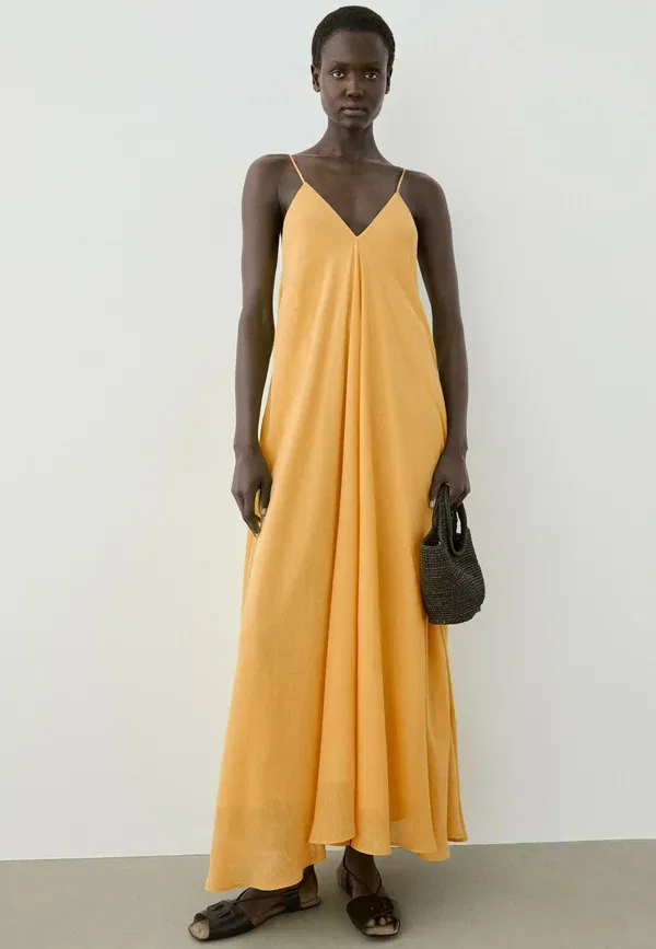 Платье свободного кроя Flowing v-neck dress Massimo Dutti, light yellow, светло-желтый