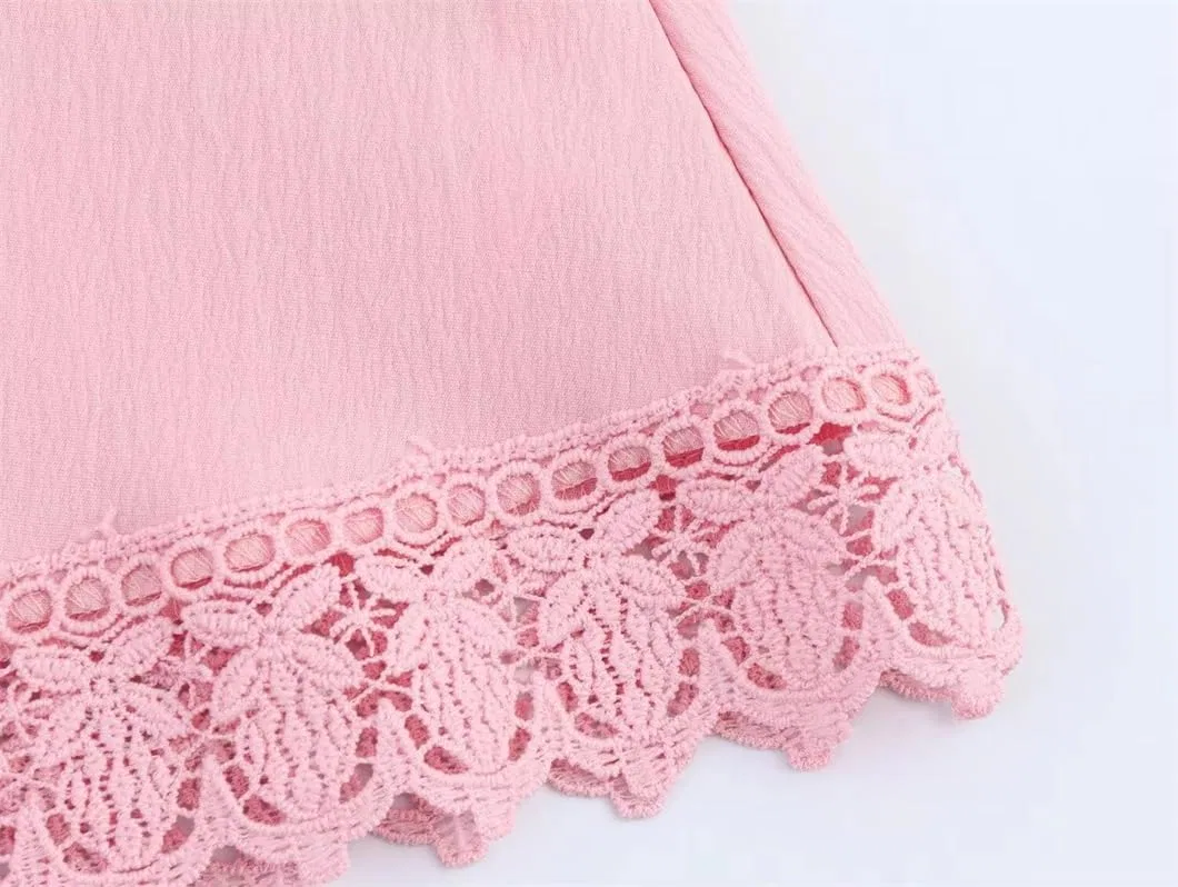 Женское мини-платье с V-образным вырезом и кружевом, Pink — фото 4