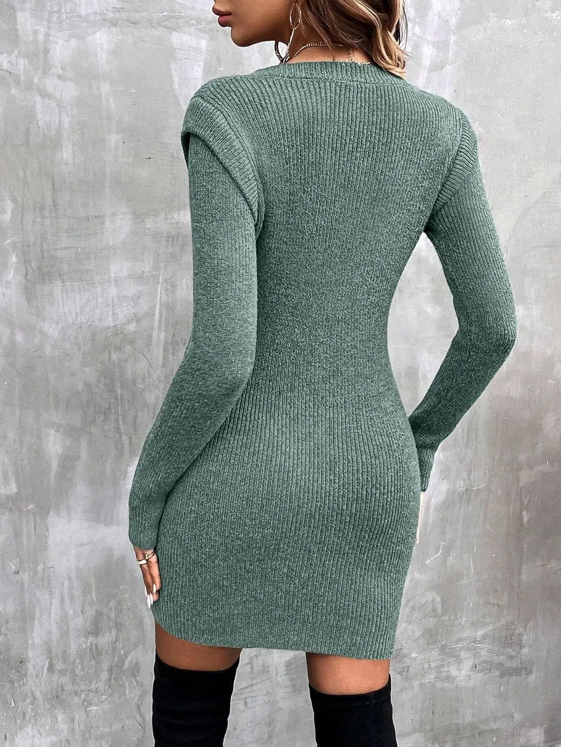 Женское платье-свитер V-образным вырезом, Plain, Olive Green — фото 2