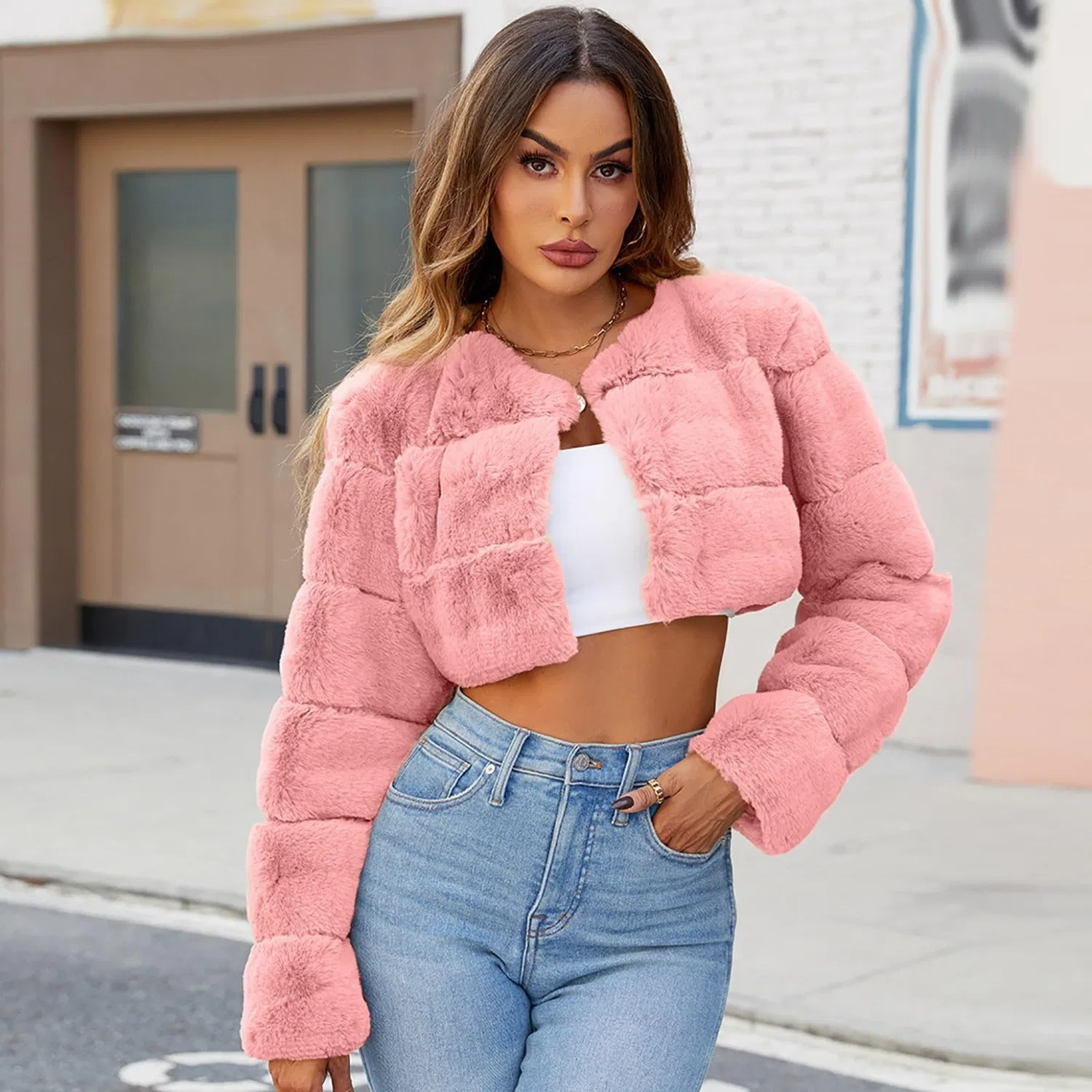 Женское короткое пальто из искусственного меха с длинным рукавом, Rosa — фото 3