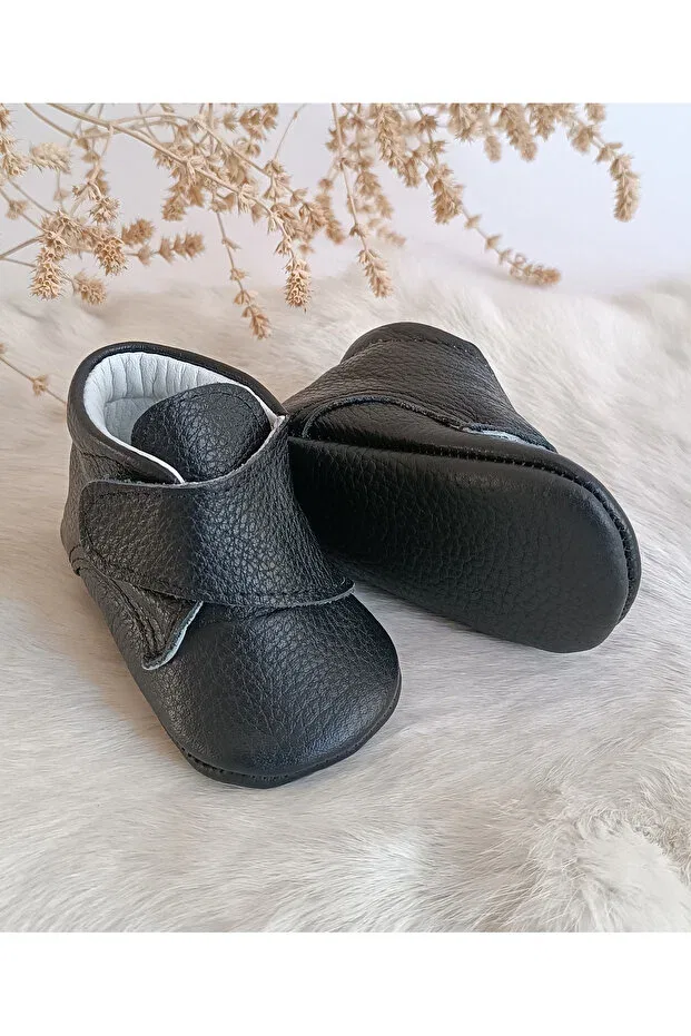 Детские ботинки для новорожденных кожаные с липучками Hodore, Black Flotur — фото 3