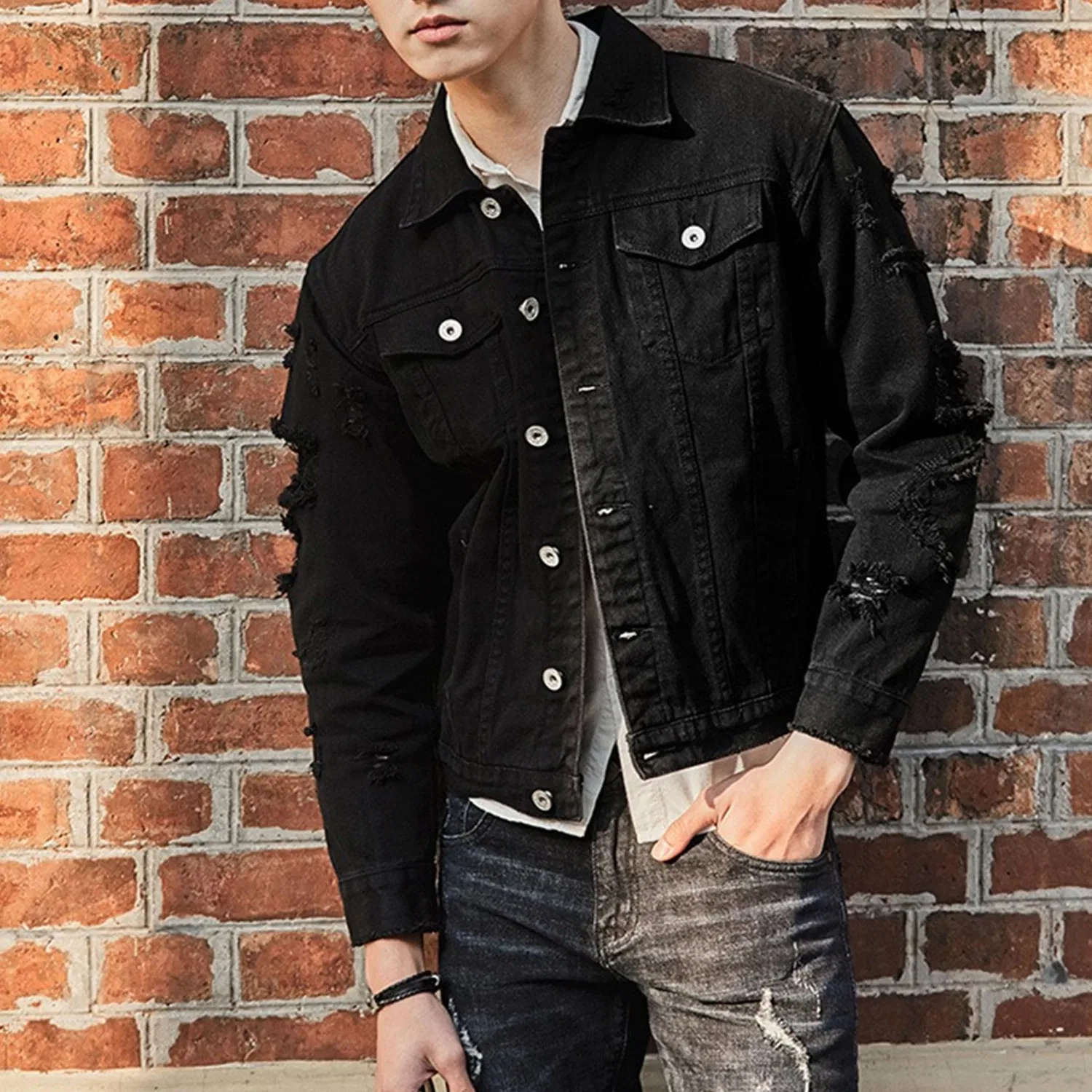 Мужская джинсовая куртка с рваным эффектом Trucker Coat, Nero — фото 3