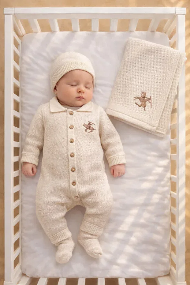 Детский комплект одежды для новорожденных мальчиков с вышивкой Ciritli horse embroidered knitwear Mert Baby, Nude Color