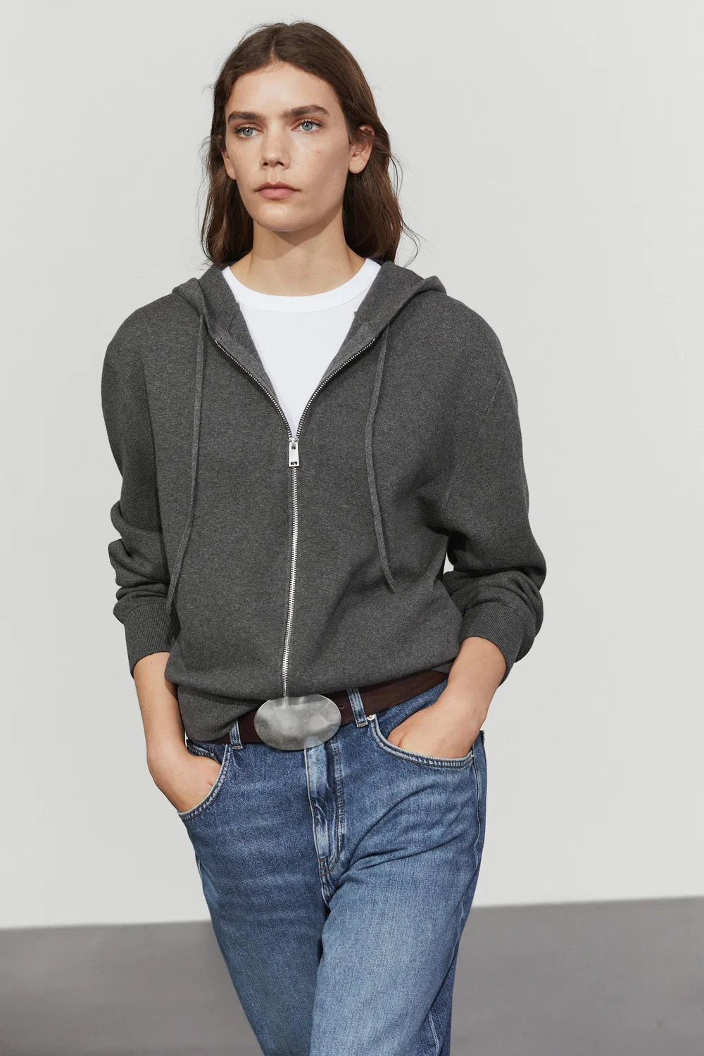 Кардиган Massimo Dutti Cotton Blend Knit Hooded, серый